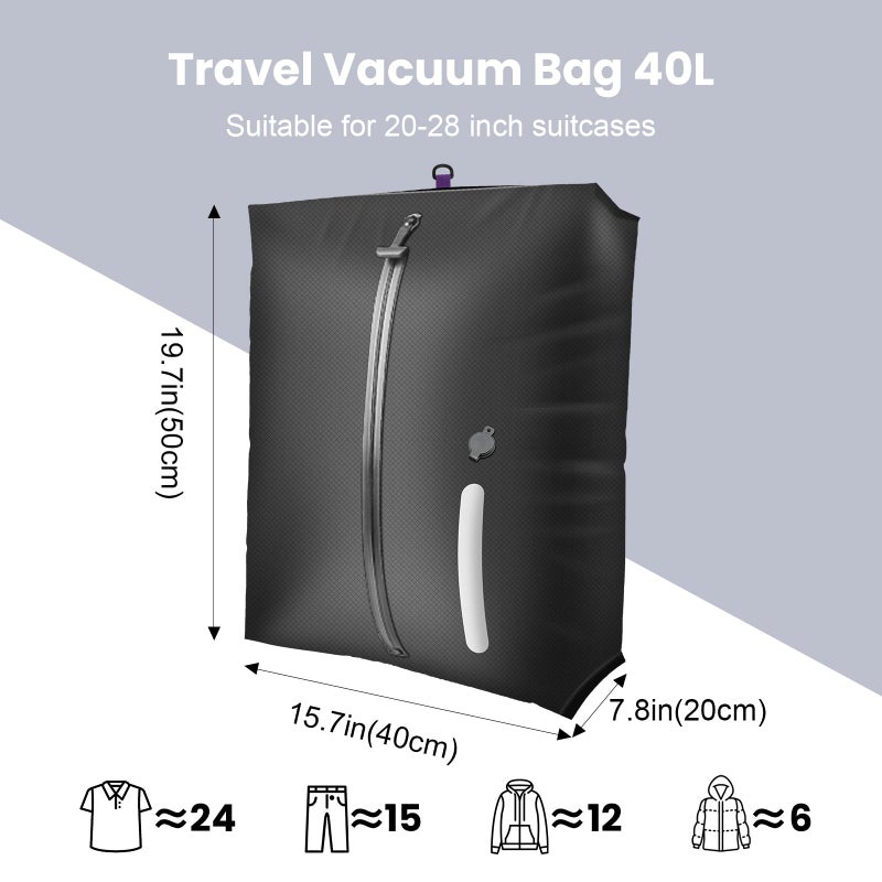 DrFlito 40L Travel Vacuum Bags with Pump â€“ 2Pcs IP67 Waterproof Reusable Vacuum Compression Bags for Travel,Backpack & Suitcases,Home Storage, Vacuum Seal bags for Clothing travel (2PC + PUMP) - Image 2