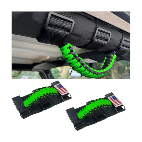 HZEL 2PCS Roll Bar Grab Handles, Oxford Cloth Upgrade Metal Buckle Paracord Grip Handles, Durable and Strong Car Accessories, Compatible with Wrangler JL, JLU, JT, JK, JKU, TJ, LJ and YJ (Green) - Image 1