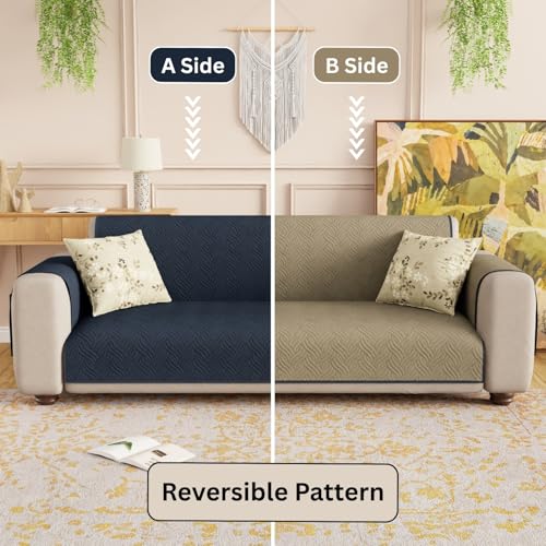 Lukzer 2 Seater Reversible Quilted Sofa Mat - Aqua Weave Pattern | Blue | 250 GSM Polyester Sofa Runner with Arms & Deep Storage Pocket | Machine Washable Sofa Cover with Elastic Belt (SC-215-02) - Image 5