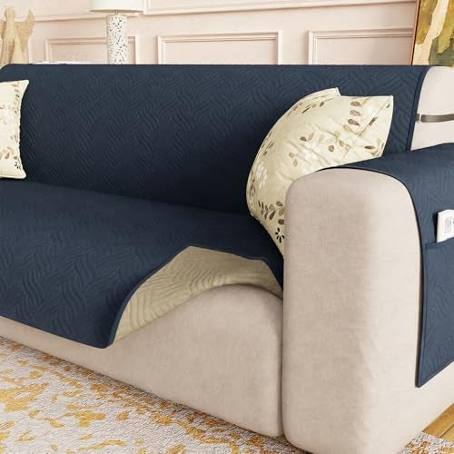Lukzer 2 Seater Reversible Quilted Sofa Mat - Aqua Weave Pattern | Blue | 250 GSM Polyester Sofa Runner with Arms & Deep Storage Pocket | Machine Washable Sofa Cover with Elastic Belt (SC-215-02) - Image 1