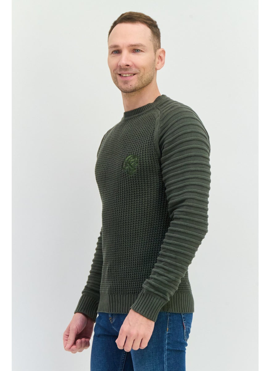 CROSSHATCH Men Crew Neck Embroidered Logo Sweater, Sage Green  - Image 2