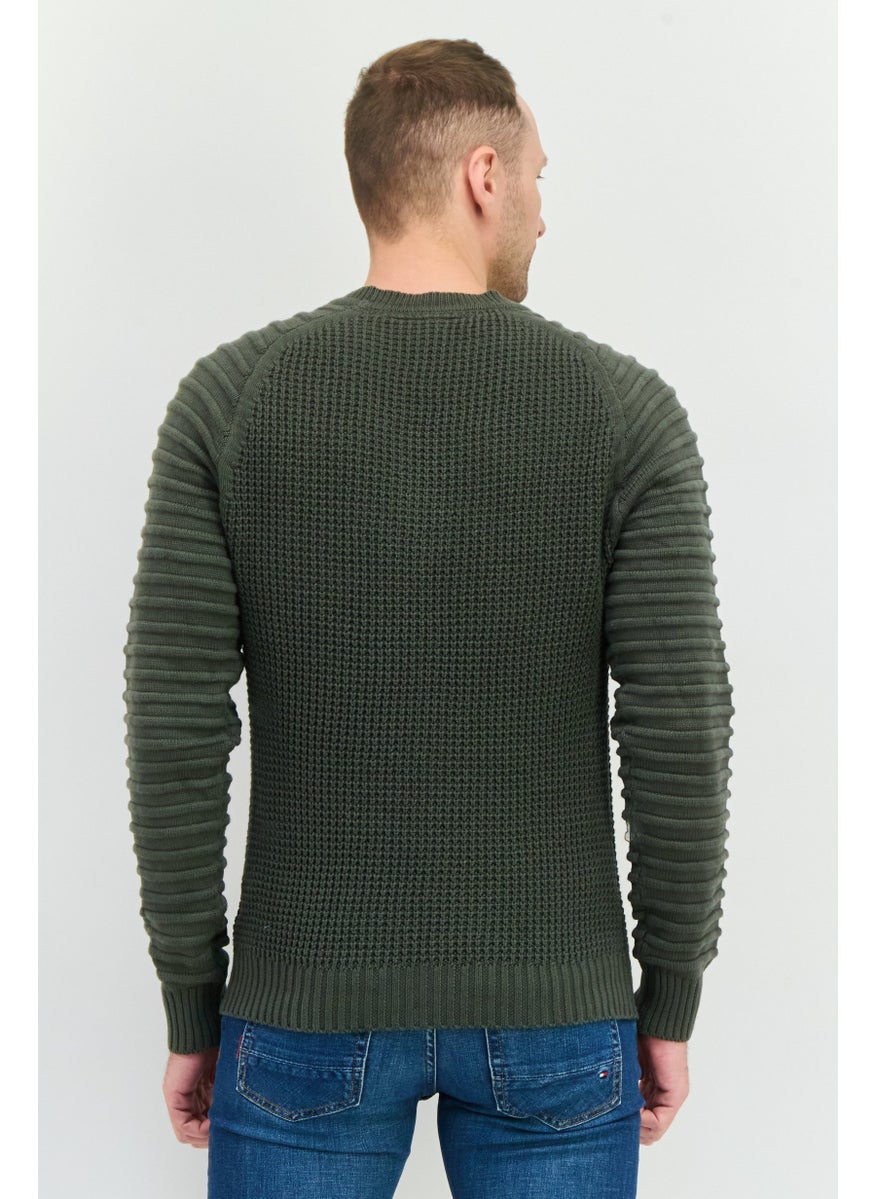 CROSSHATCH Men Crew Neck Embroidered Logo Sweater, Sage Green  - Image 3
