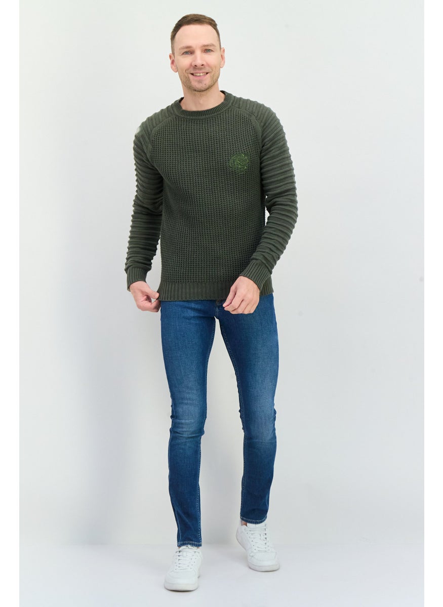 CROSSHATCH Men Crew Neck Embroidered Logo Sweater, Sage Green  - Image 4
