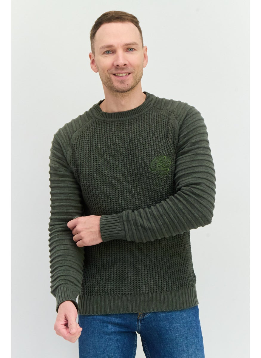 CROSSHATCH Men Crew Neck Embroidered Logo Sweater, Sage Green  - Image 1