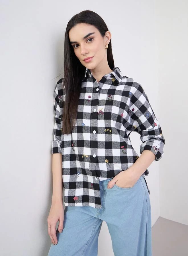 Styli Embroidered Plaid Oversized Shirt