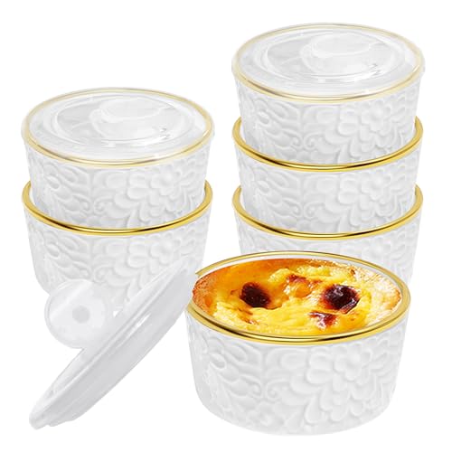 Alarrar 6 Sets Ramekins Oven Safe with Lids 8 OZ Creme Brulee Ramekins Embossed Flora White Ceramic Ramekin Baking Dish for Souffle Custard Dips Soup Small Bowls for Dessert Appetizers Meal Prep Thanksgiving Christmas Gift - Image 1