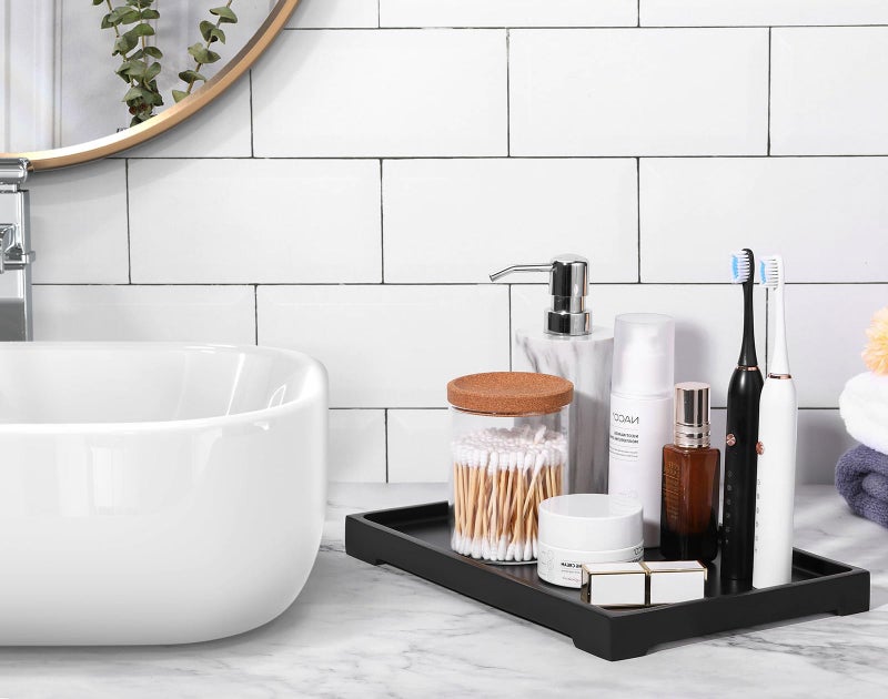 Luxspire Vanity Tray, Bathroom Tray Toilet Tank Storage Tray, Resin Kitchen Sink Trays, Vanity Countertop Organizer for Candles Soap Towel Perfume Holder Dish Decorative Serving Trays -Large- Black - Image 2