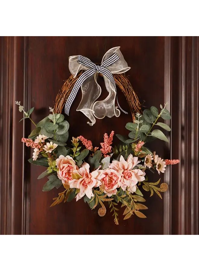 Farmhouse Autumn Wreath With Orange Oval Dahlias Dried Facade Style Silk Flowers Wicker 13 8 Inch Rustic Front Door Decor For Thanksgiving Christmas Party Yard Garland Home No Maintenance Artificial Arrangement - Image 1