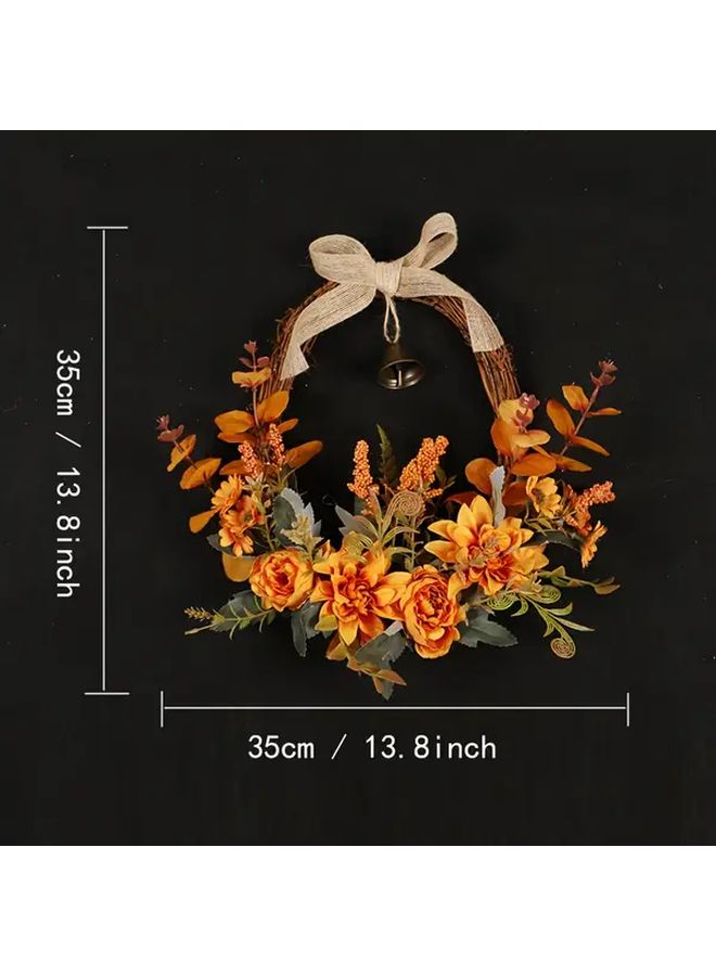 Farmhouse Autumn Wreath With Orange Oval Dahlias Dried Facade Style Silk Flowers Wicker 13 8 Inch Rustic Front Door Decor For Thanksgiving Christmas Party Yard Garland Home No Maintenance Artificial Arrangement - Image 3