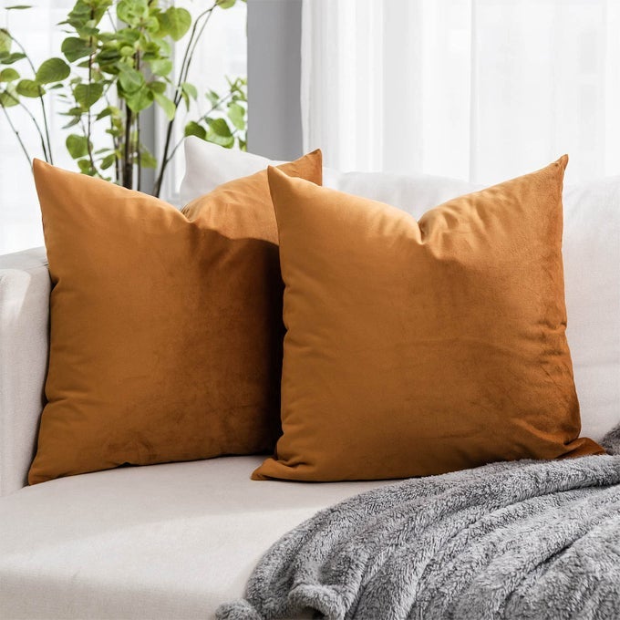 BURNT ORANGE SOFT VELVET THROW PILLOW COVERS 18X18 INCH SET OF 2 FOR SOFA COUCH BED LIVING ROOM DECORATIVE LUXURY SOLID SQUARE CUSHION COVERS CASE WITH ZIPPER