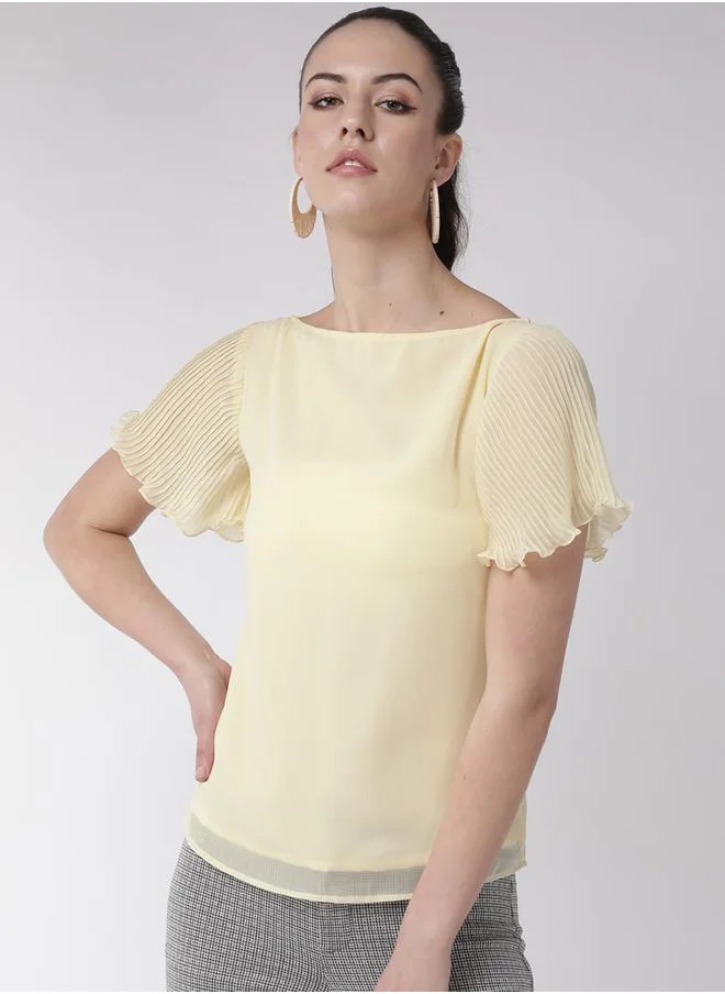 Mish Solid Boat Neck Top with Pleated Sleeves