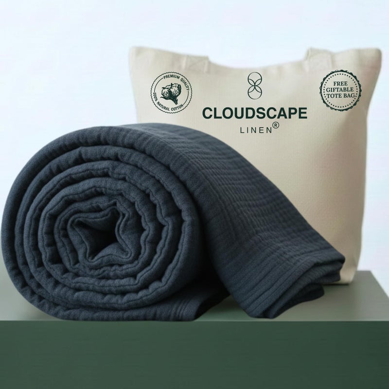 CloudScape Linen CLOUDSCAPE 100% Cotton Muslin Blanket King Size for Bed - Oversized 4 Layer 108x92 Fits Cal King Bed - Soft Breathable, Gauze, Lightweight, All Season, Summer Layering Blankets for Adults-Ensign Blue - Image 1