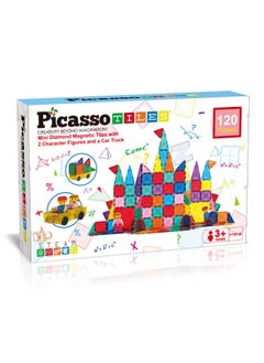 PicassoTiles PicassoTiles Mini Diamond Travel Size 120pc Magnet Tiles with Figures and Car Set (120 Pieces)  - Image 1