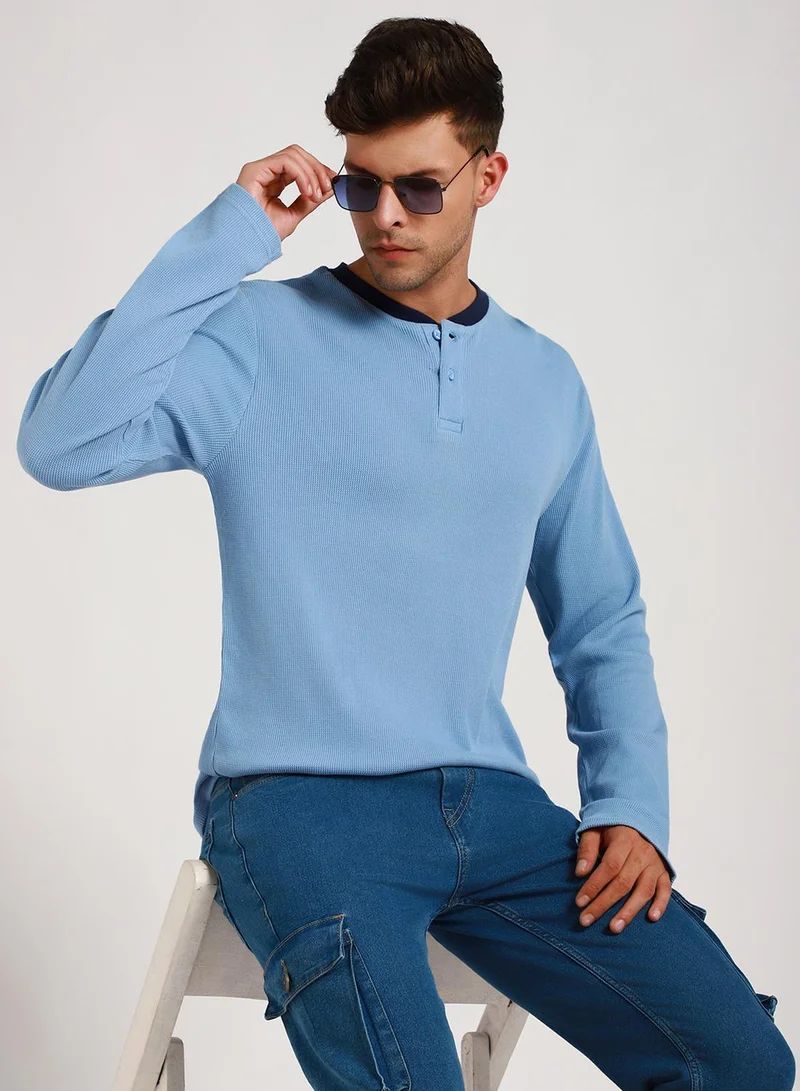 Dennis Lingo Men's Light Blue 100% Cotton Solid Pattern Slim Fit T-Shirt