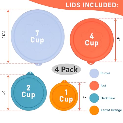 VIOTIIN 1 Cup 2 Cup 4 Cup 7 Cup Round Silicone Replacement Lids for Pyrex Glass Bowls, 4 Pack, Microwave & Dishwasher & Freezer Safe (Container not Included) - Image 2