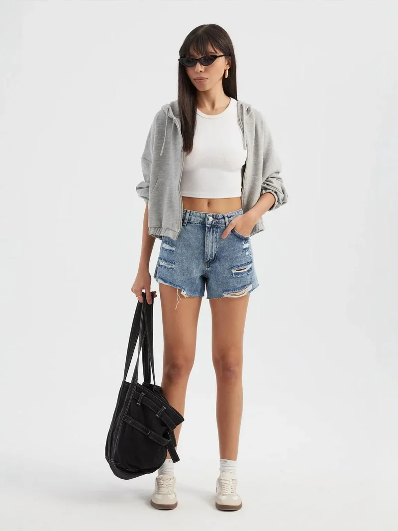 HICCUP Denim High Waist Ripped Shorts