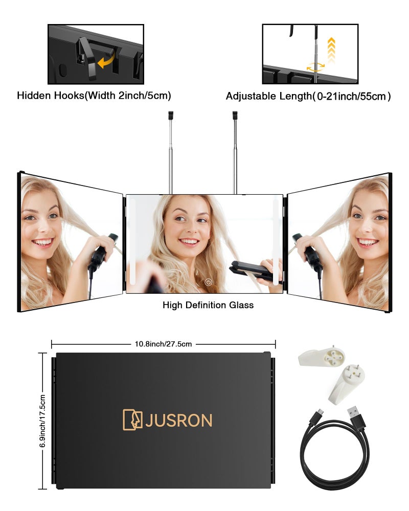 JUSRON 360 Viewing Angle Self Hair Cutting Mirror, Clear Anti-Fog HD Glass, USB Rechargeable, Easy to Use, Height Adjustable, Portable, Good Choice for Gifts - Image 4