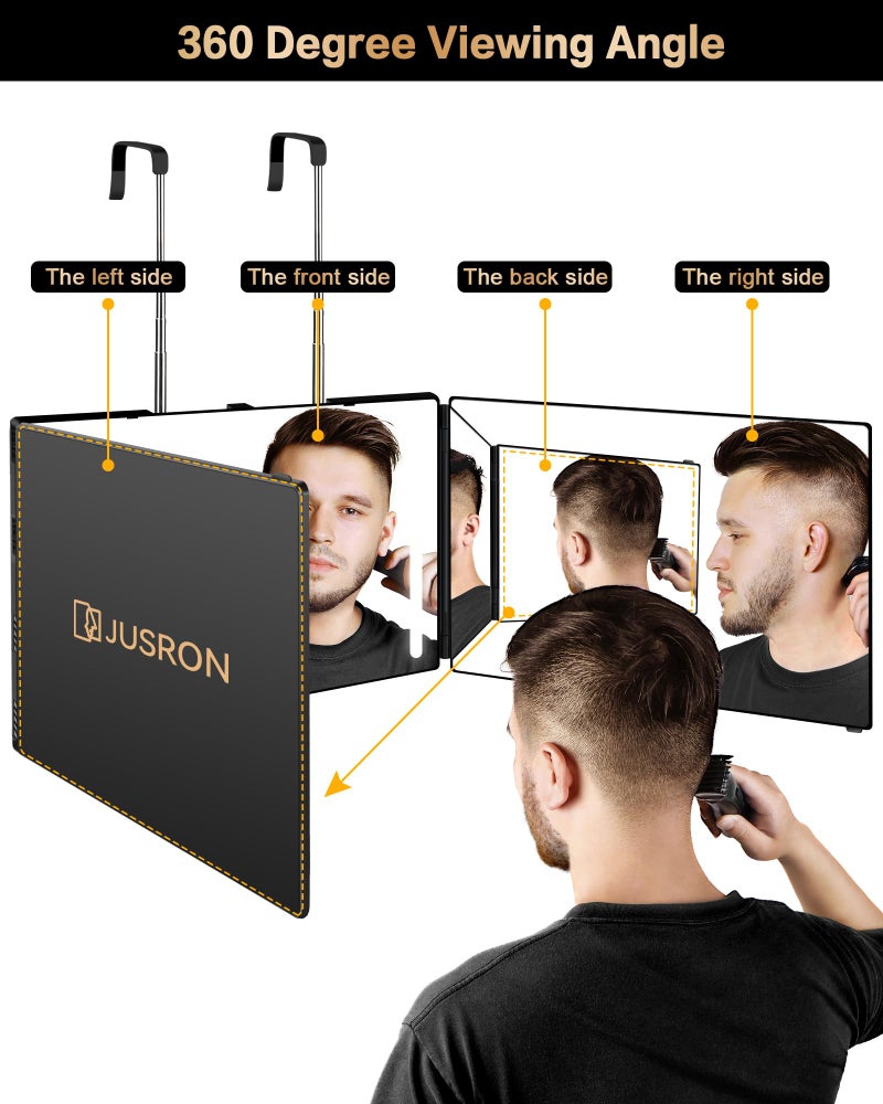 JUSRON 360 Viewing Angle Self Hair Cutting Mirror, Clear Anti-Fog HD Glass, USB Rechargeable, Easy to Use, Height Adjustable, Portable, Good Choice for Gifts - Image 2