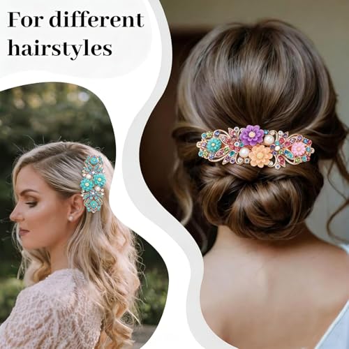 Melodio 2PCS Women’s Colorful Floral Rhinestone Butterfly Hair Clips, Korean Fashion Ponytail Spring Barrettes, Elegant Hair Accessories for Women and Girls - Image 2