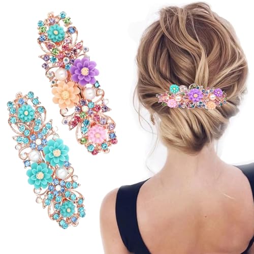 Melodio 2PCS Women’s Colorful Floral Rhinestone Butterfly Hair Clips, Korean Fashion Ponytail Spring Barrettes, Elegant Hair Accessories for Women and Girls - Image 1