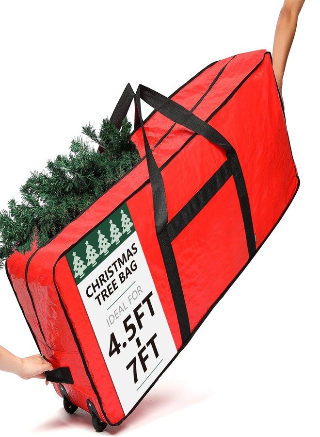 HOMEST Christmas Tree Storage Bag, Fits for 7.5 ft Artificial Xmas Tree, Zippered Christmas Tree Bag with Reinforced Carrying Handles and Wheels, Red (Bag Only) - Image 1