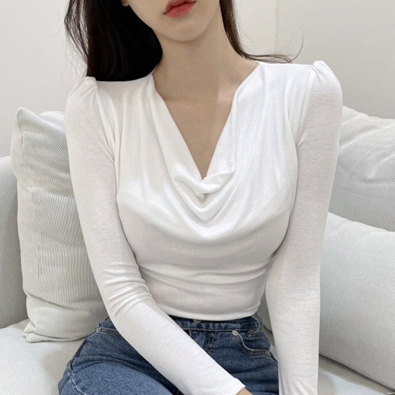Comfortable fabric ~ nude skin-friendly temperament pile collar long-sleeved T-shirt womens slim fit slimming V-neck bottoming shirt top fashion Sky Blue - Image 3