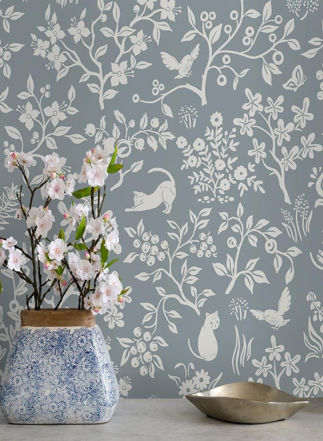 Timeet Peel and Stick Wallpaper Grey Floral Wallpaper 16.14"x118.11" Cats/Birds/Trees Wallpaper Modern Flower Wallpaper Self Adhesive Removable Wallpaper for Walls Covering - Image 1