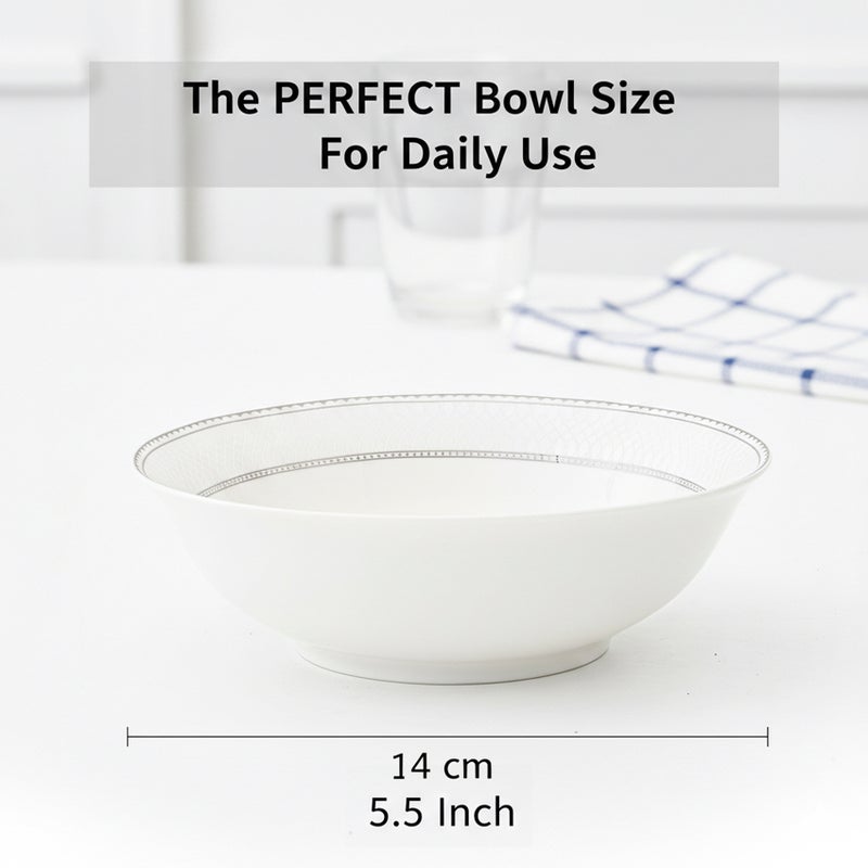 Shallow JUNA New Bone China Bowl 14 cm – Elegant White Multipurpose Bowl with Subtle Texture for Soups, Desserts & Sides, Premium Tableware for Daily Use, Brunch, Ramadan, Eid & Gifting (Set of 4) - Image 3