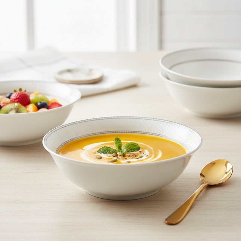 Shallow JUNA New Bone China Bowl 14 cm – Elegant White Multipurpose Bowl with Subtle Texture for Soups, Desserts & Sides, Premium Tableware for Daily Use, Brunch, Ramadan, Eid & Gifting (Set of 4) - Image 2