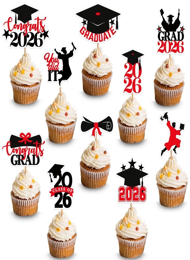 KatchOn, Red and Black Graduation Cake Topper 2026 - Pack of 36 | Graduation Cupcake Toppers 2026 for Graduation Decorations 2026 | 2026 Graduation Decorations, 2026 Graduation Cupcake Toppers - Image 1