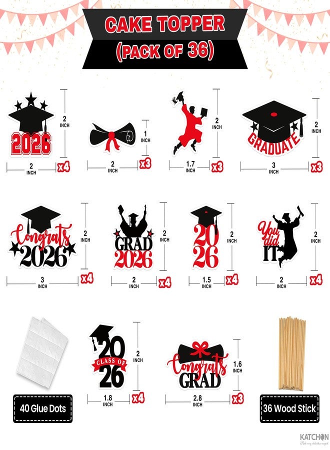 KatchOn, Red and Black Graduation Cake Topper 2026 - Pack of 36 | Graduation Cupcake Toppers 2026 for Graduation Decorations 2026 | 2026 Graduation Decorations, 2026 Graduation Cupcake Toppers - Image 2