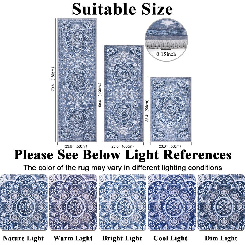 Ileading Boho Kitchen Rugs Sets 3 Piece with Runner Floral Kitchen Floor Mat Carpet Large Farmhouse Kitchen Rugs and Mats Non Skid Washable Runner Rug for Kitchen Floor Office Sink Laundry, Blue - Image 2