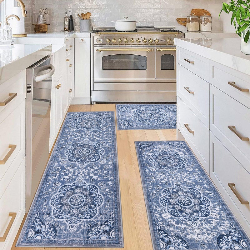 Ileading Boho Kitchen Rugs Sets 3 Piece with Runner Floral Kitchen Floor Mat Carpet Large Farmhouse Kitchen Rugs and Mats Non Skid Washable Runner Rug for Kitchen Floor Office Sink Laundry, Blue - Image 1