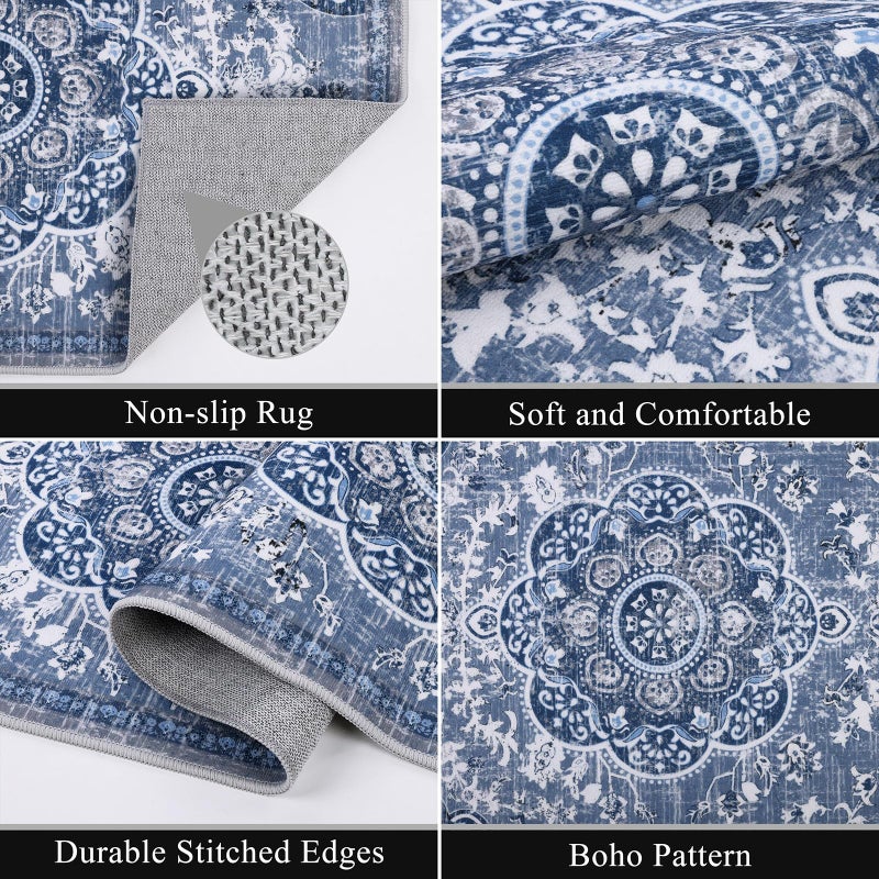 Ileading Boho Kitchen Rugs Sets 3 Piece with Runner Floral Kitchen Floor Mat Carpet Large Farmhouse Kitchen Rugs and Mats Non Skid Washable Runner Rug for Kitchen Floor Office Sink Laundry, Blue - Image 4