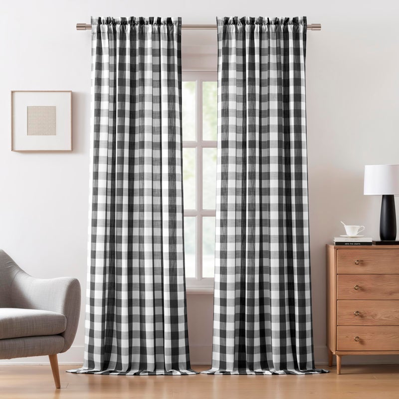 Bapawfish Buffalo Plaid Black White Curtain Panels 84 Inch Length,Farmhouse Semi Sheer Drapes,Rustic Rod Pocket Window Treatment for Bedroom Living Room(2 Panels,40"x84",Black) - Image 1