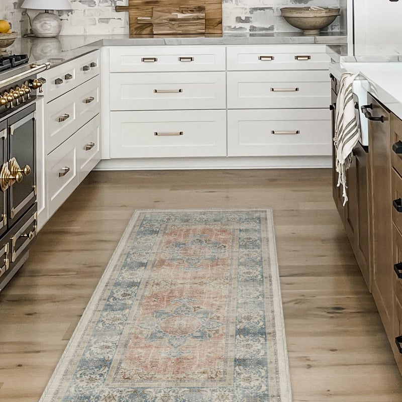 RUGGABLE Washable Vintage Runner Rug  Sarrah Coral 25x7 StainResistant NonSlip Hallway Runner with Standard Pad  Machine Washable Rug for Hallway Entryway Living Room  Kitchen
