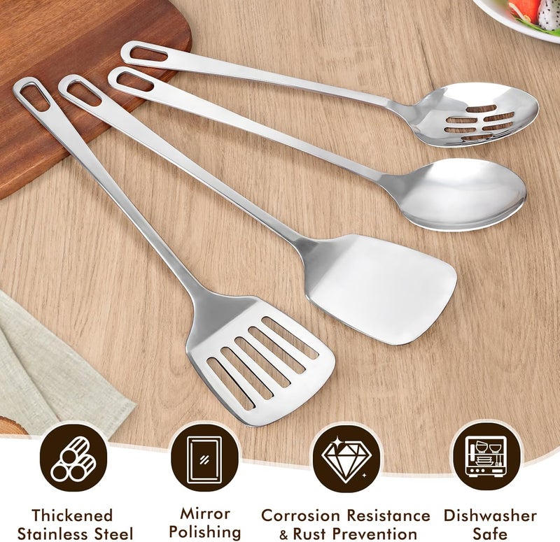 MemoGem 4 Pcs Cooking Utensils Set, Stainless Steel Kitchen Utensils, Heat Resistant Metal Kitchen Tools Include Solid & Slotted Turner Wok Spatula, Serving Spoon, Ergonomic Handle, Easy to Clean, Silver - Image 3