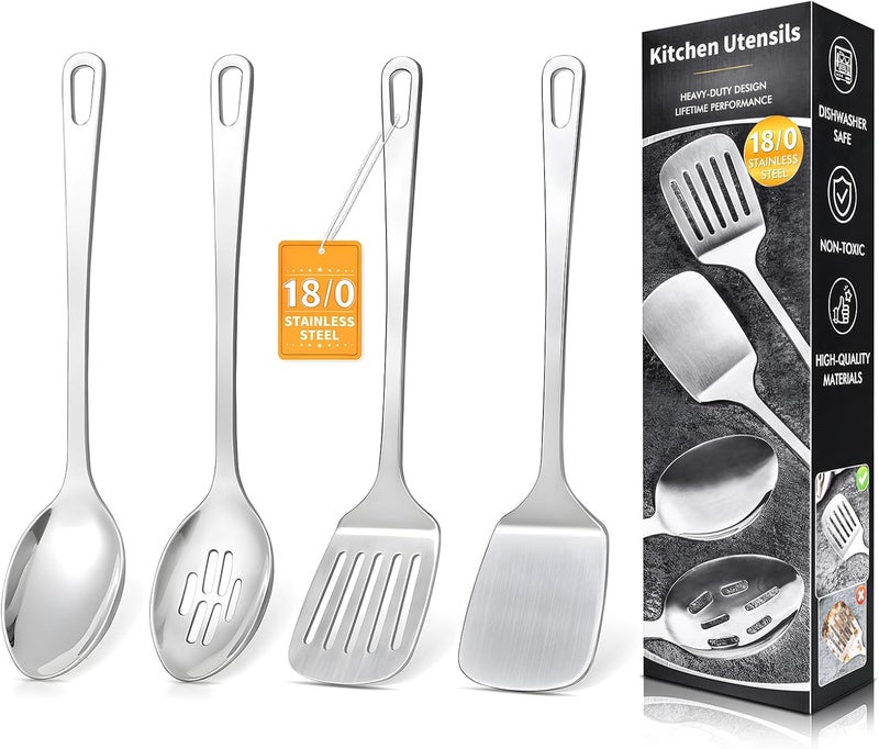 MemoGem 4 Pcs Cooking Utensils Set, Stainless Steel Kitchen Utensils, Heat Resistant Metal Kitchen Tools Include Solid & Slotted Turner Wok Spatula, Serving Spoon, Ergonomic Handle, Easy to Clean, Silver - Image 1