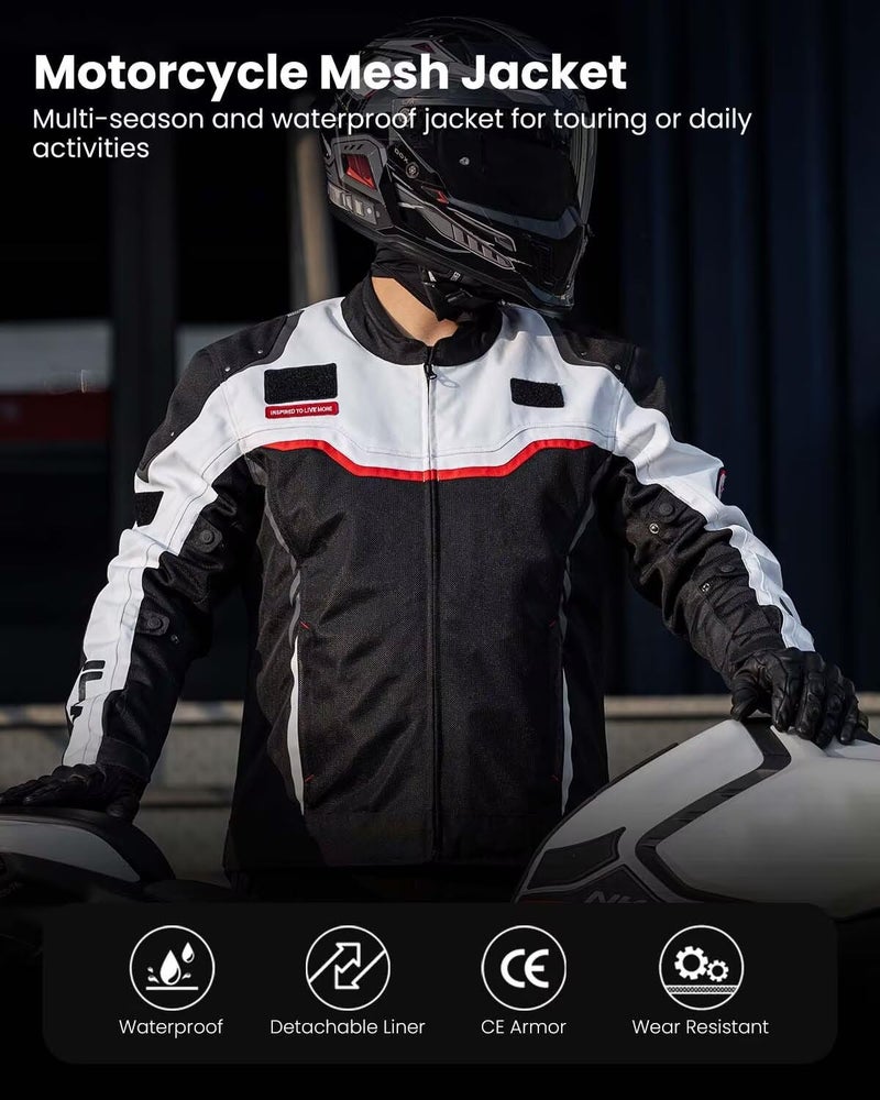 ILM Motorcycle Mesh Jacket with CE Armor and Detachable Waterproof Liner Dual Sport All Season Riding for Men Model JRC2-M White, L - Image 2