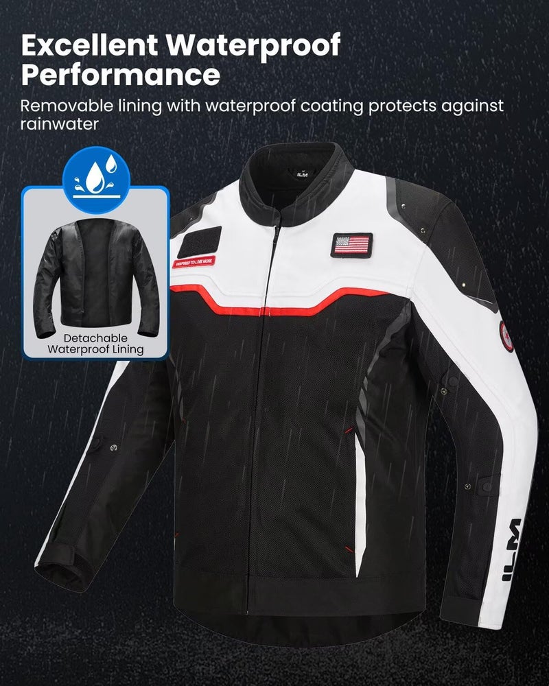 ILM Motorcycle Mesh Jacket with CE Armor and Detachable Waterproof Liner Dual Sport All Season Riding for Men Model JRC2-M White, L - Image 3