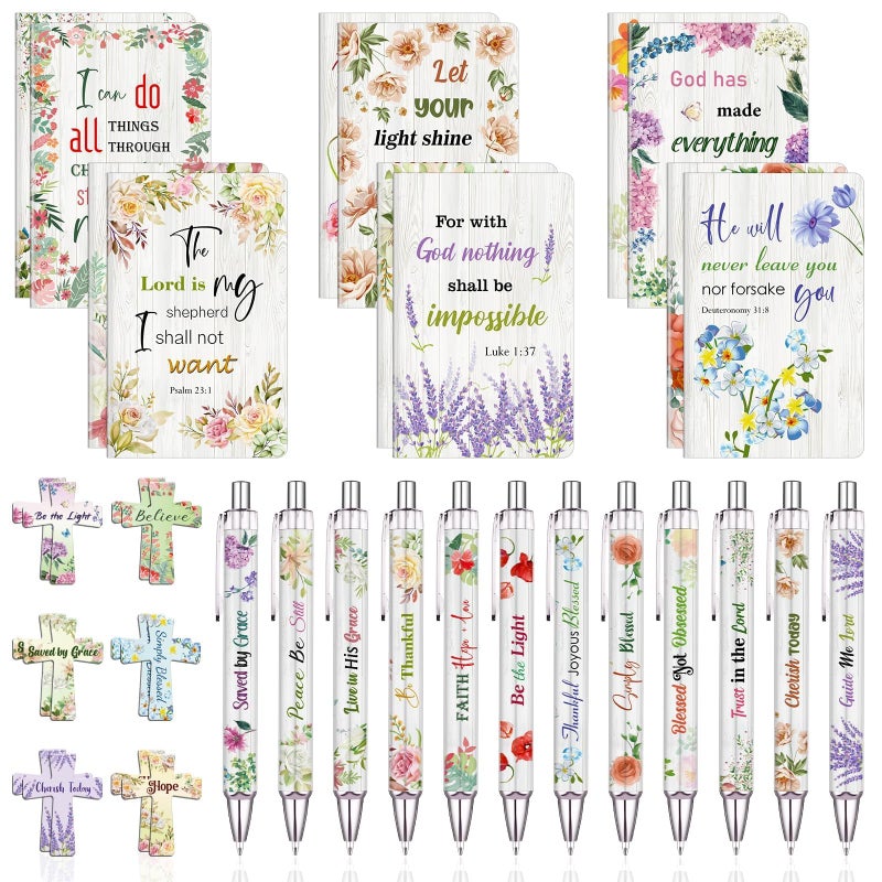 OMEYA 36 Pcs Christian Mothers Day Gifts Bulk Include 12 Mini Bible Verse Notepads, 12 Scripture Ballpoint Pens & 12 Magnetic Cross Bookmarks, Cute Religious Notebooks Gifts Prizes Party Favors, 3.5"x5.5" - Image 1