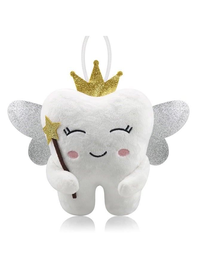 Thootyriaf Tooth Fairy Pillow with Shiny Wings Embroidered Tooth Fairy Doll with Pocket Crystal Velvet Tooth Fairy Souvenir Boy Girl Gift (White) (White) - Image 1