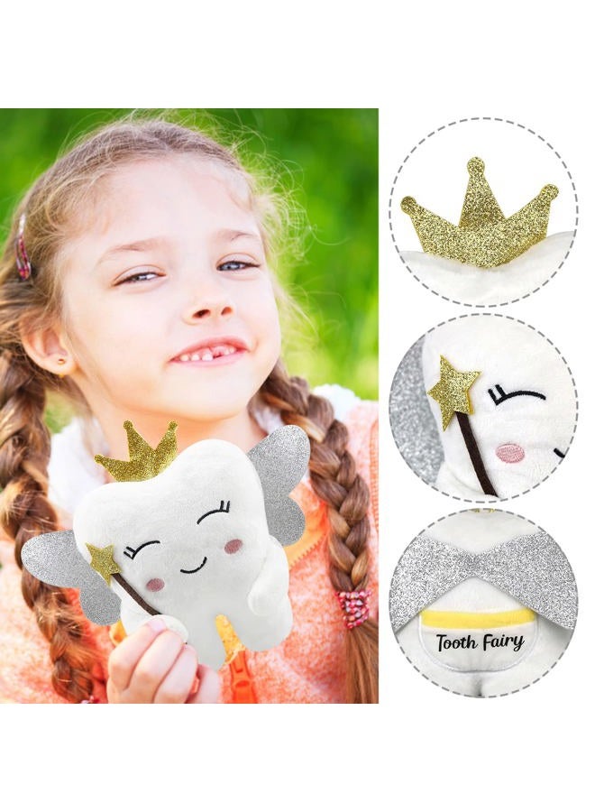 Thootyriaf Tooth Fairy Pillow with Shiny Wings Embroidered Tooth Fairy Doll with Pocket Crystal Velvet Tooth Fairy Souvenir Boy Girl Gift (White) (White) - Image 2