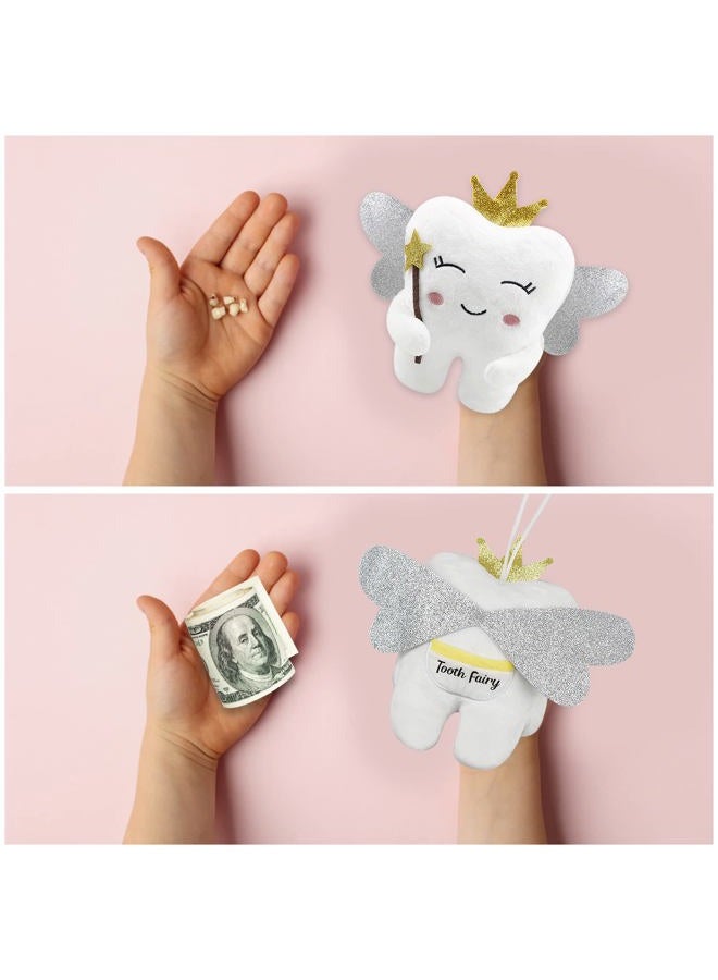Thootyriaf Tooth Fairy Pillow with Shiny Wings Embroidered Tooth Fairy Doll with Pocket Crystal Velvet Tooth Fairy Souvenir Boy Girl Gift (White) (White) - Image 5