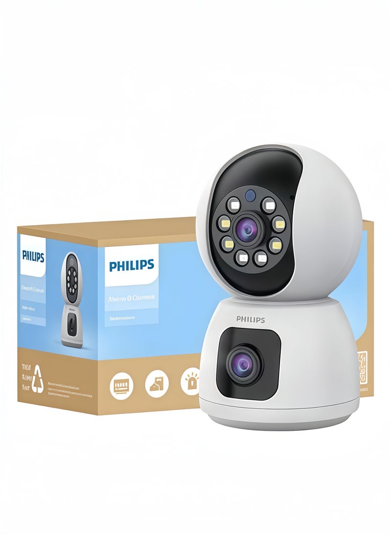 فيليبس كاميرا Philips الذكية بزاويتين 360°، بدقة 1080P، WiFi للمراقبة الداخلية والخارجية، كشف الحركة، وضع الخصوصية، التتبع الذكي، صوت ثنائي الاتجاه، رؤية ليلية، عدسات قابلة للدوران بشكل مستقل، تدعم بطاقة SD حتى 128GB، تنبيهات عن بُعد لمراقبة المنزل/الأطفال/المسنين - Image 1