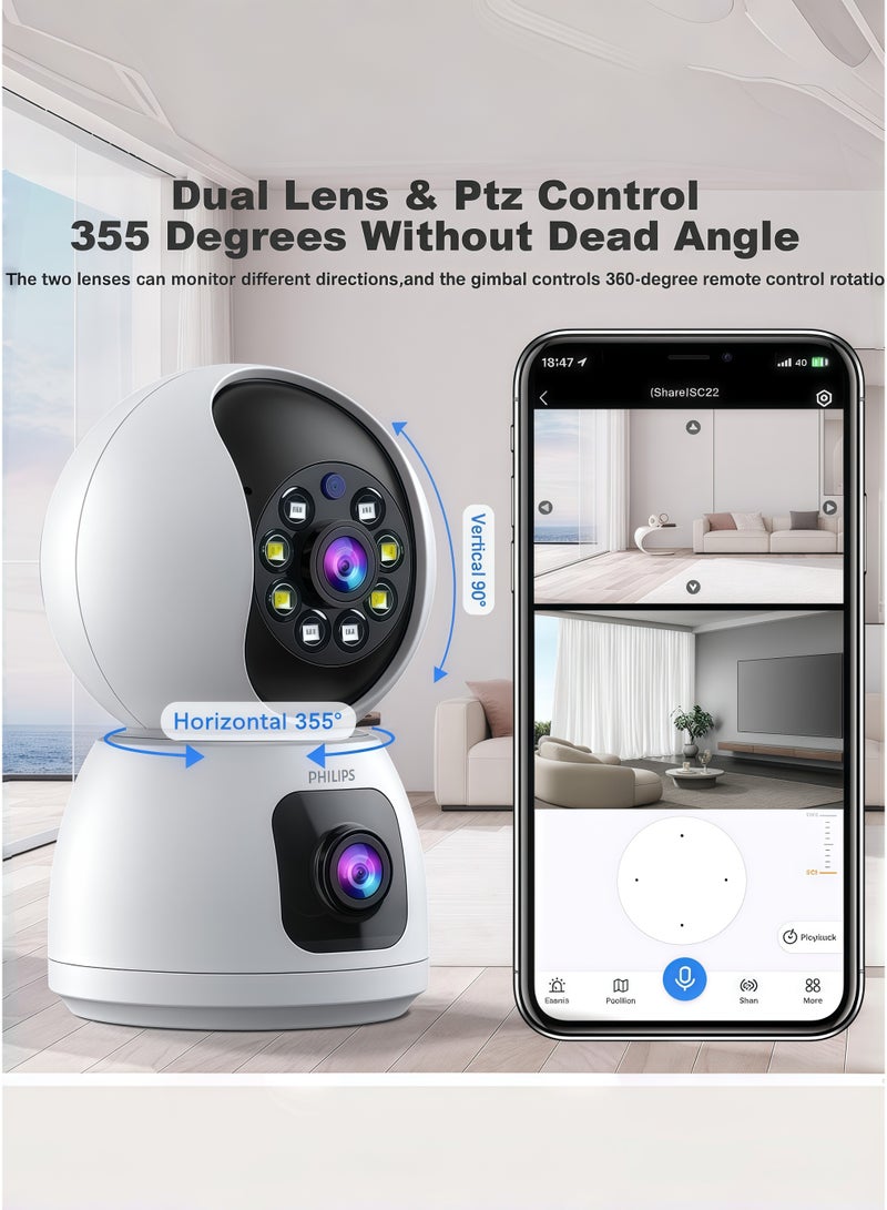 فيليبس كاميرا Philips الذكية بزاويتين 360°، بدقة 1080P، WiFi للمراقبة الداخلية والخارجية، كشف الحركة، وضع الخصوصية، التتبع الذكي، صوت ثنائي الاتجاه، رؤية ليلية، عدسات قابلة للدوران بشكل مستقل، تدعم بطاقة SD حتى 128GB، تنبيهات عن بُعد لمراقبة المنزل/الأطفال/المسنين - Image 2