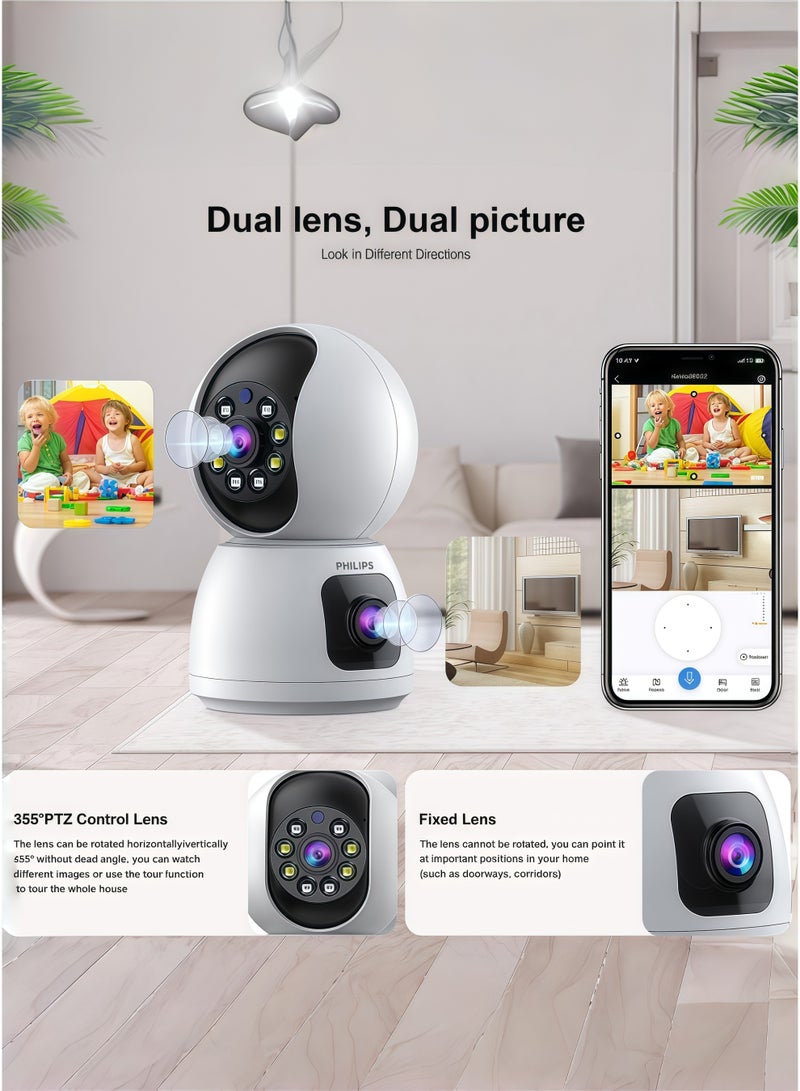 فيليبس كاميرا Philips الذكية بزاويتين 360°، بدقة 1080P، WiFi للمراقبة الداخلية والخارجية، كشف الحركة، وضع الخصوصية، التتبع الذكي، صوت ثنائي الاتجاه، رؤية ليلية، عدسات قابلة للدوران بشكل مستقل، تدعم بطاقة SD حتى 128GB، تنبيهات عن بُعد لمراقبة المنزل/الأطفال/المسنين - Image 4