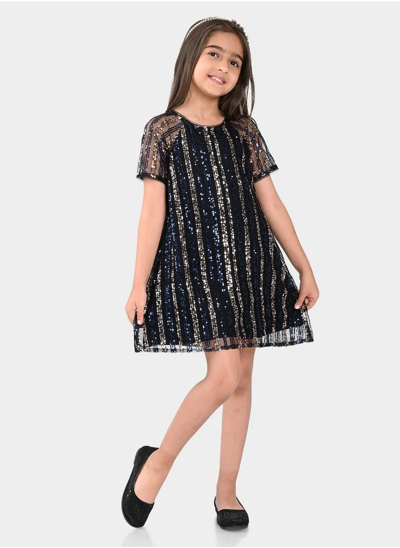 بونكيدز Regular Fit Printed Multicolour Cotton Dresses For Girls Round Neck Flat Collar Pull On 100 % Cotton