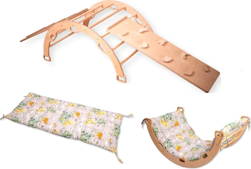 Kidoppo Pikler Climbing Set Montessori Play Set and Map Patterned Pillow | Pikler Activity Center Arch & 2 Ramps + Map Patterned Pillow