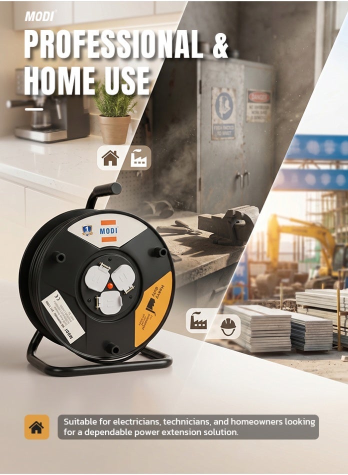 MODI Heavy Duty Cable Reel, 25m Extension Reel with 3 x 13A Universal Sockets, 2 x 1.5mm² Cable, Safety Shutters, Thermal Cut-Off, Master Switch, Winding Handle and UK Plug - Image 1
